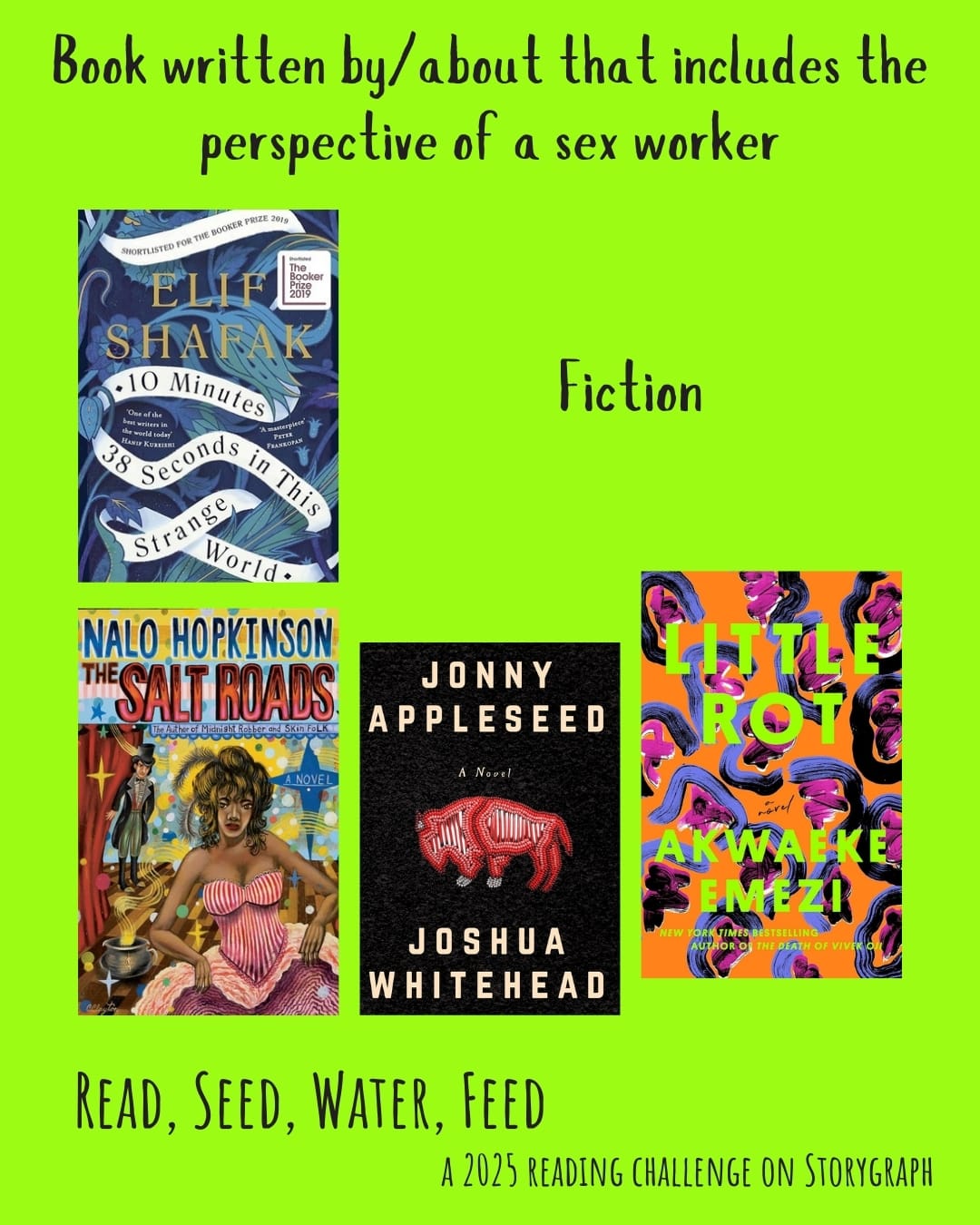 Book written by/about that includes the perspective of a sex worker. Read, Seed, Water, Feed: A 2025 Reading Challenge on Storygraph. Chartreuse background with black text. Book covers are shown. Fiction: 10 Minutes 38 Seconds in this Strange World (2019) by Elif Shafak. The Salt Roads (2004) by Nalo Hopkinson. Jonny Appleseed (2018) by Joshua Whitehead. Little Rot (2024) by Akwaeke Emezi. 