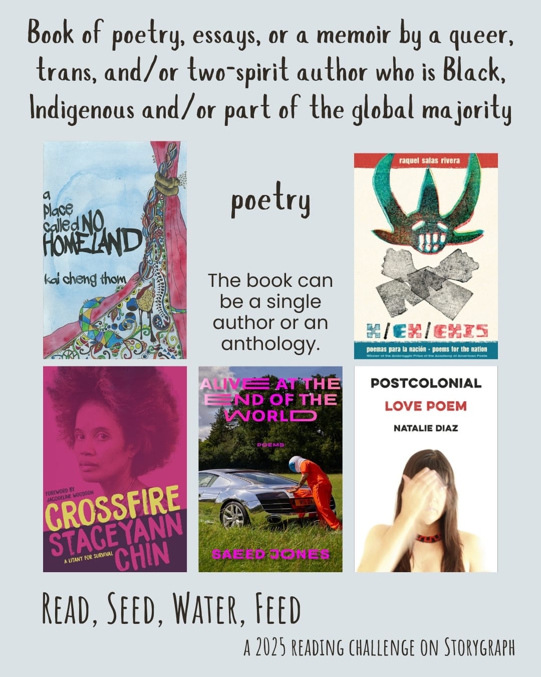 Book of poetry, essays, or a memoir by a queer, trans, and/or two-spirit author who is Black, Indigenous and/or part of the global majority. Read, Seed, Water, Feed: A 2025 Reading Challenge on Storygraph. Background is light gray with cyan undertones and the text is black. Text reads: The book can be a single author or an anthology. Book covers are shown. Poetry: A Place Called No Homeland (2017) by Kai Cheng Thom. Crossfire: A Litany for Survival (2019) by Staceyann Chin. Alive at the End of the World (2022) by Saeed Jones. x/ex/exis: poemas para la nación/poems for the nation (2021) by raquel salas rivera. Postcolonial Love Poem (2020) by Natalie Díaz. 