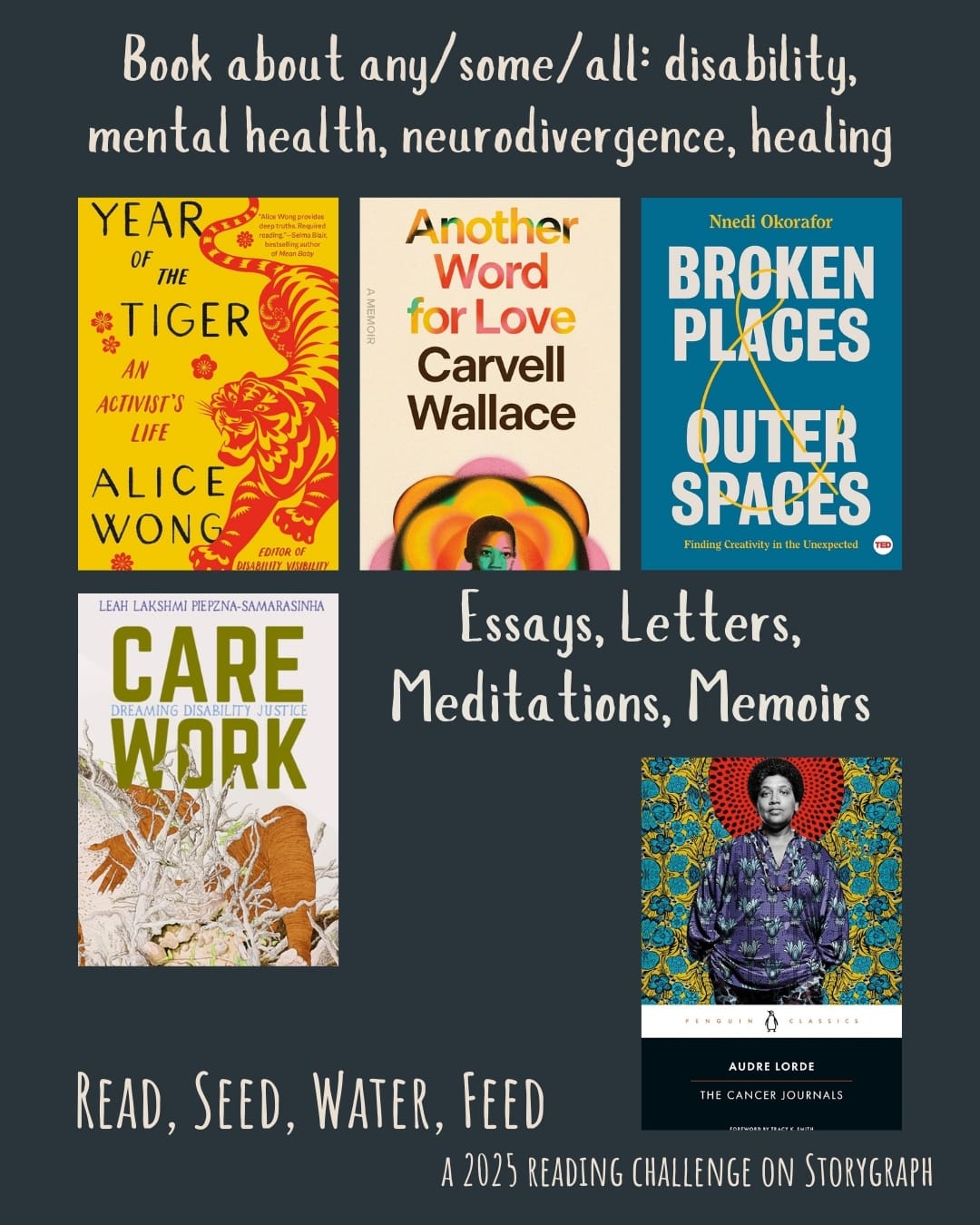 Book about any/some/all: disability, mental health, neurodivergence, healing. Read, Seed, Water, Feed: A 2025 Reading Challenge on Storygraph. Dark gray background with white text. Book covers are shown. Essays, Letters, Meditations, Memoirs: Year of the Tiger: An Activist's Life (2022) by Alice Wong. Another Word for Love: A Memoir (2024) by Carvell Wallace. Broken Places Outer Spaces: Finding Creativity in the Unexpected (2019) by Nnedi Okorafor. Care Work: Dreaming Disability Justice (2018) by Leah Lakshmi Piepzna-Samarasinha. The Cancer Journals (1980) by Audre Lorde.