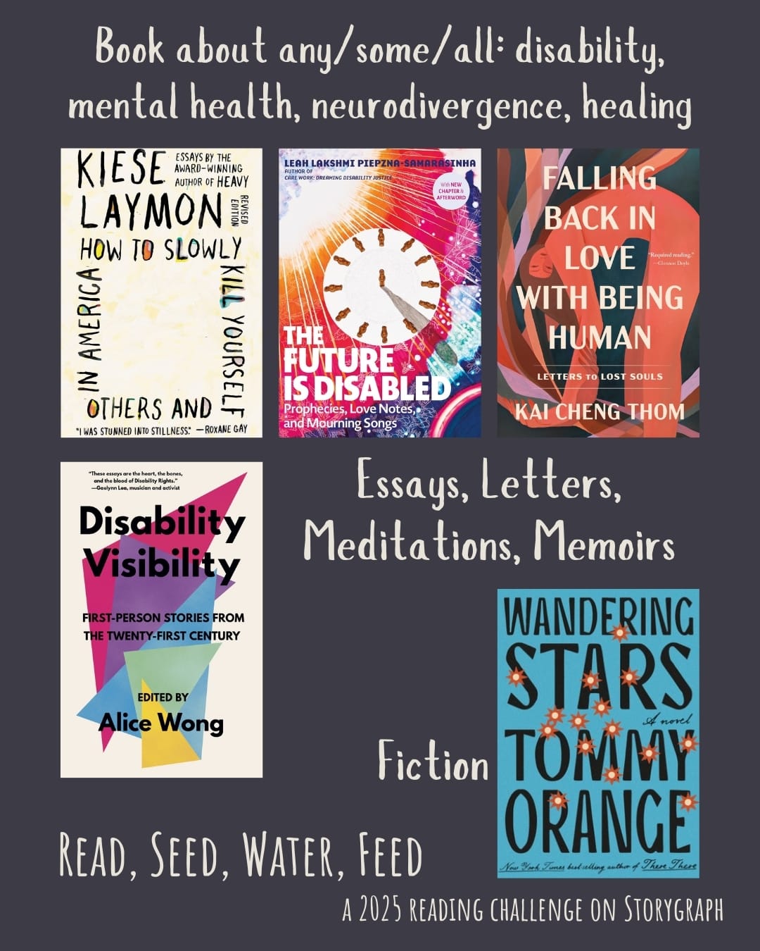 Book about any/some/all: disability, mental health, neurodivergence, healing. Read, Seed, Water, Feed: A 2025 Reading Challenge on Storygraph. Medium gray background with white text. Book covers are shown. Essays, Letters, Meditations, Memoirs: How to Slowly Kill Yourself and Others in America (2013) by Kiese Laymon. The Future Is Disabled: Prophecies, Love Notes and Mourning Songs (2022) by Leah Lakshmi Piepzna-Samarasinha. Disability Visibility: First-Person Stories from the Twenty-First Century (2020) by Alice Wong. Fiction: Wandering Stars: A Novel (2024) by Tommy Orange.