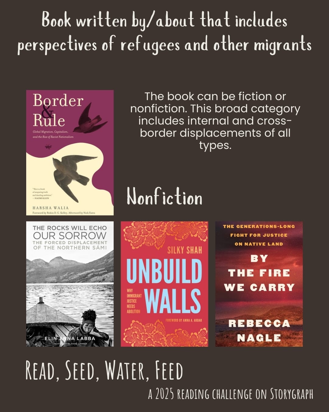 Book written by/about that includes perspectives of refugees and other migrants. Read, Seed, Water, Feed: A 2025 Reading Challenge on Storygraph. Deep rich dark brown background with white text. Text reads: The book can be fiction or nonfiction. This broad category includes internal and cross-border displacements of all types. Book covers are shown. Nonfiction: Border and Rule: Global Migration, Capitalism, and the Rise of Racist Nationalism (2021) by Harsha Walia. The Rocks Will Echo Our Sorrow (2020) by Elin Anna Labba. Unbuild Walls: Why Immigrant Justice Needs Abolition (2024) by Silky Shah. By the Fire We Carry: The Generations-Long Fight for Justice on Native Land (2024) by Rebecca Nagle. 