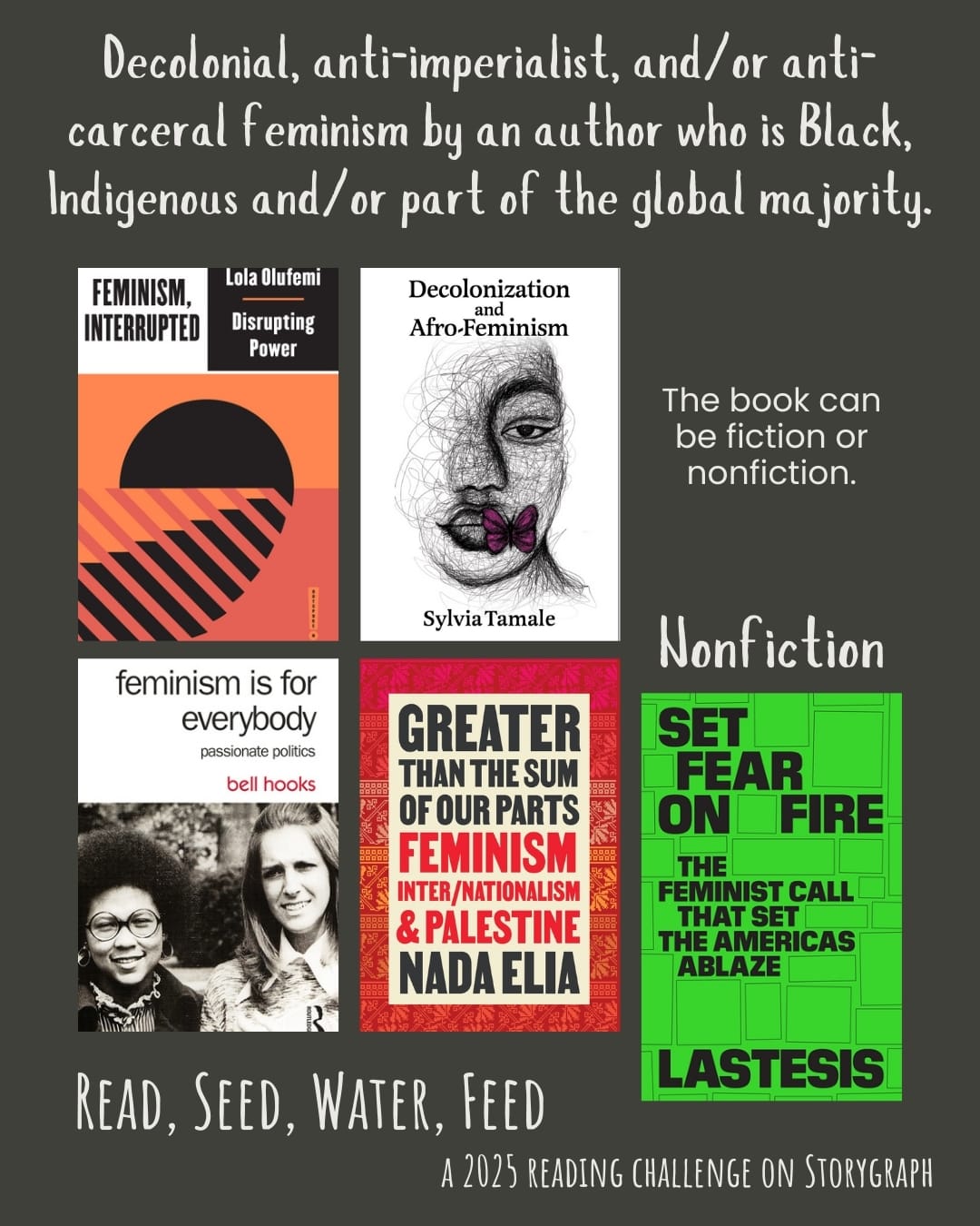 Decolonial, anti-imperialist, and/or anti-carceral feminism by an author who is Black, Indigenous and/or part of the global majority. Read, Seed, Water, Feed: A 2025 Reading Challenge on Storygraph. Dark greenish gray background with white text. Text reads: The book can be fiction or nonfiction. Book covers are shown. Nonfiction: Feminism, Interrupted: Disrupting Power (2020) by Lola Olufemi. Decolonization and Afro-Feminism (2020) by Sylvia Tamale. Feminism is for Everybody (2000) by bell hooks. Greater Than the Sum of Our Parts: Feminism, Internationalism, and Palestine (2023) by Nada Elia. Set Fear on Fire: The Feminist Call That Set the Americas Ablaze (2021) by LasTesis. 