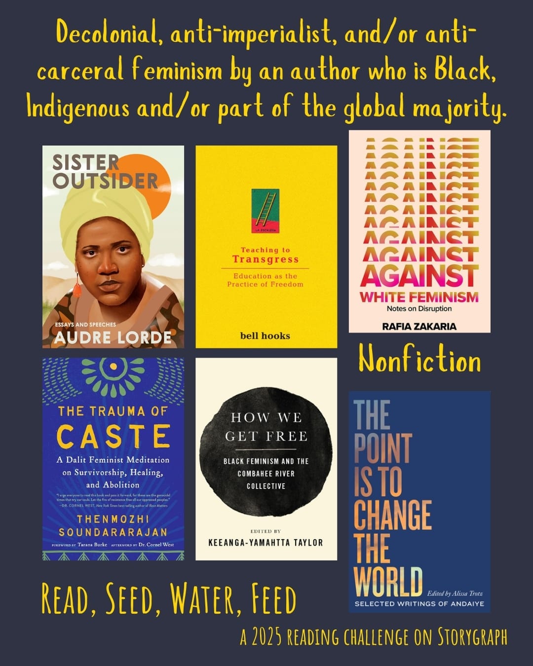Decolonial, anti-imperialist, and/or anti-carceral feminism by an author who is Black, Indigenous and/or part of the global majority. Read, Seed, Water, Feed: A 2025 Reading Challenge on Storygraph. Midnight blue background with bold yellow text. Book covers are shown. Nonfiction: Sister Outsider: Essays and Speeches (1984) by Audre Lorde. Teaching to Transgress: Education as the Practice of Freedom (1994) by bell hooks. Against White Feminism: Notes on Disruption (2021) by Rafia Zakaria. The Trauma of Caste: A Dalit Feminist Meditation on Survivorship, Healing, and Abolition (2022) by Thenmozhi Soundararajan. How We Get Free: Black Feminism and the Combahee River Collective (2012) by Keeanga-Yamahtta Taylor. The Point is to Change the World: Selected Writings of Andaiye (2020) by Andaiye, Alissa Trotz. 