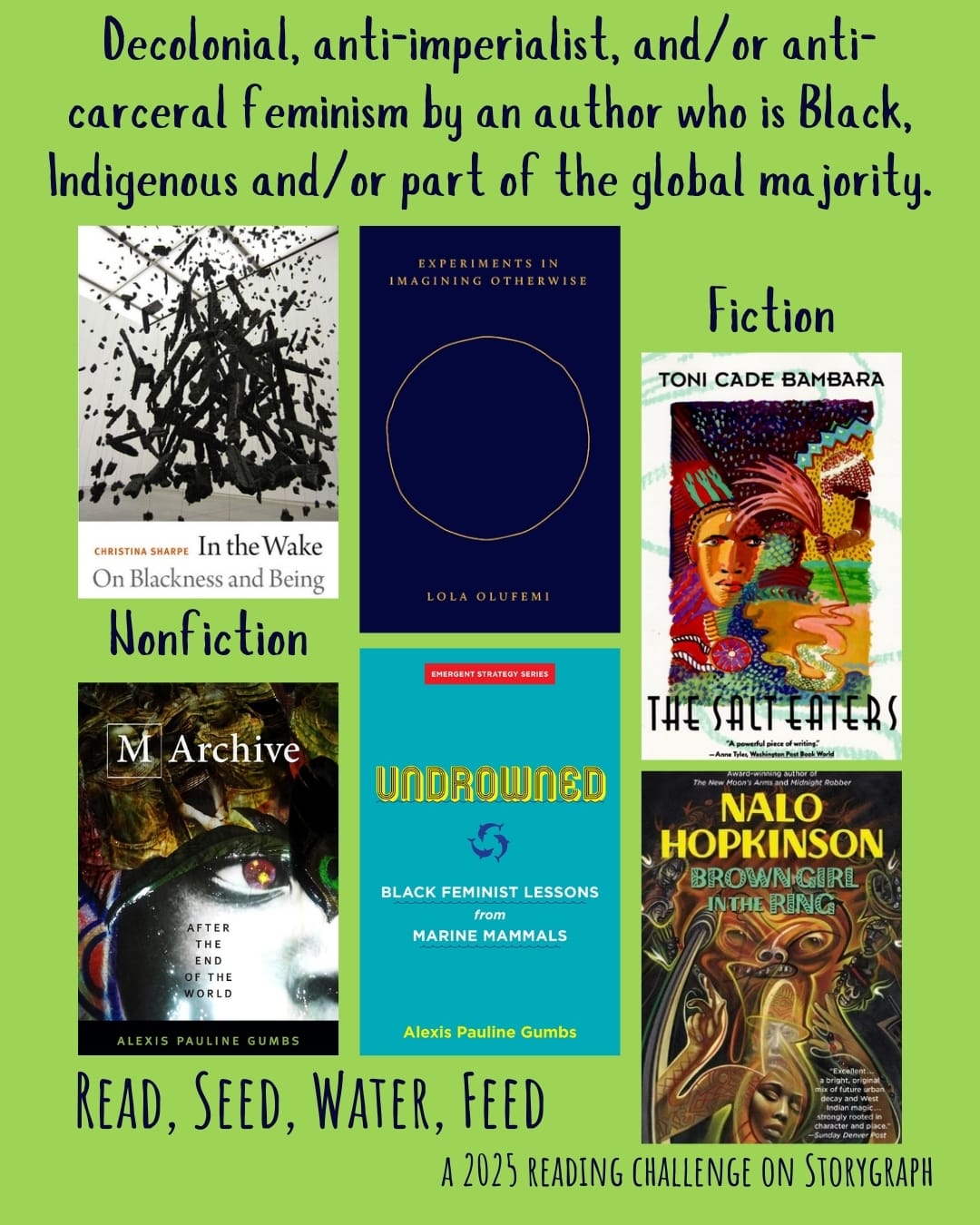 Decolonial, anti-imperialist, and/or anti-carceral feminism by an author who is Black, Indigenous and/or part of the global majority. Read, Seed, Water, Feed: A 2025 Reading Challenge on Storygraph. Vibrant yellow-green with midnight blue text. Book covers are shown. Nonfiction: In the Wake: On Blackness and Being (2016) by Christina Sharpe. Experiments Imagining Otherwise (2021) by Lola Olufemi. M Archive: After the End of the World (2018) by Alexis Pauline Gumbs. Undrowned: Black Feminist Lessons from Marine Mammals (2020) by Alexis Pauline Gumbs. Fiction: The Salt Eaters (1980) by Toni Cade Bambara. Brown Girl in the Ring (1998) by Nalo Hopkinson. 