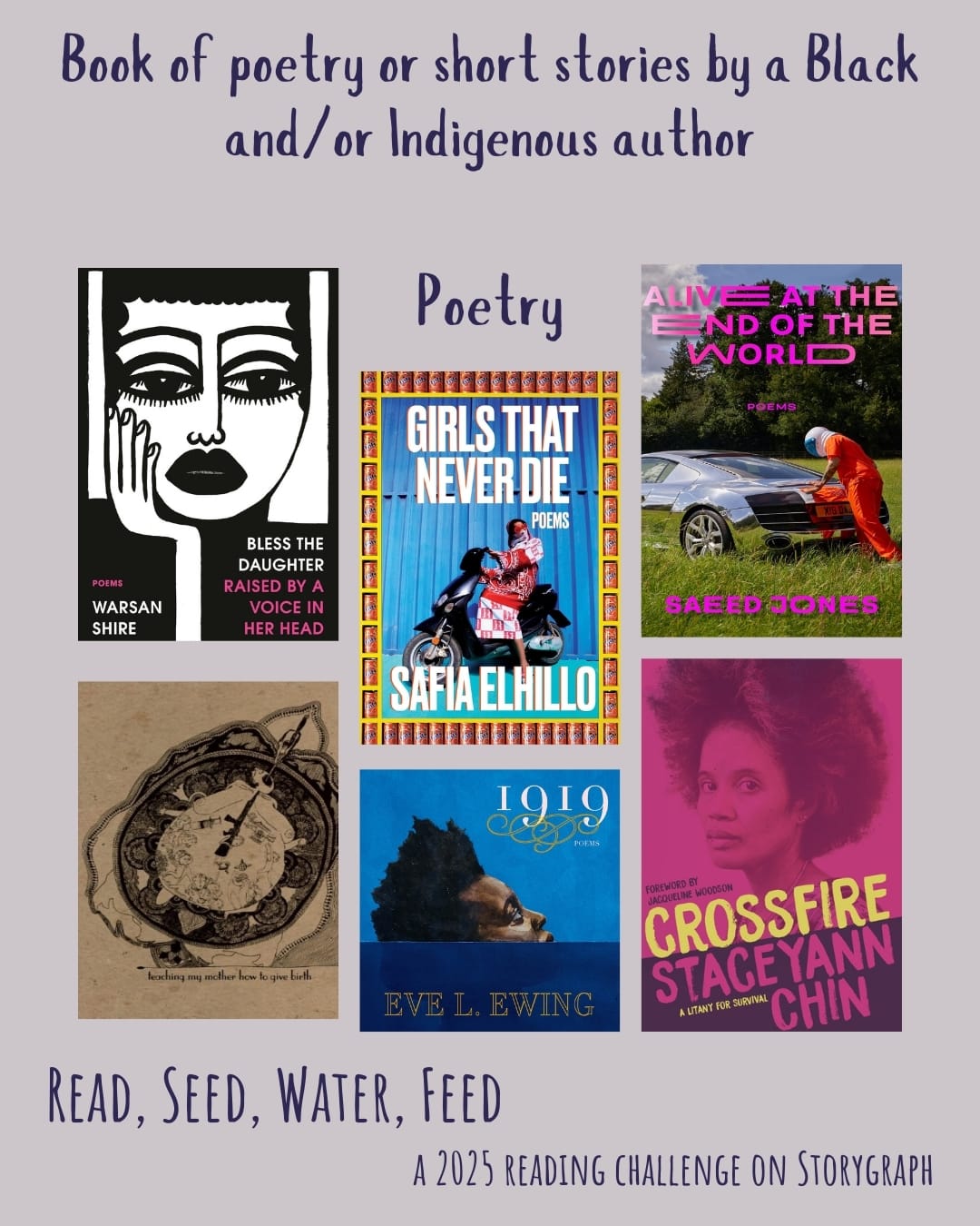 Book of poetry or short stories by a Black and/or Indigenous author. Read, Seed, Water, Feed: A 2025 Reading Challenge on Storygraph. Lavender gray background with dark blue text. Book covers are shown. Poetry: Bless the Daughter Raised by a Voice in Her Head (2022) by Warsan Shire. Girls That Never Die (2022) by Safia Elhillo. Alive at the End of the World (2022) by Saeed Jones. Teaching My Mother How to Give Birth (2011) by Warsan Shire. 1919 (2019) by Eve L. Ewing. Crossfire: A Litany for Survival (2019) by Staceyann Chin. 