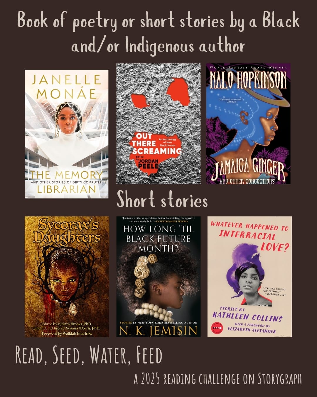 Book of poetry or short stories by a Black and/or Indigenous author. Read, Seed, Water, Feed: A 2025 Reading Challenge on Storygraph. Background is warm dark brown with a reddish hue and the text is very light brown. Book covers are shown. Short stories: The Memory Librarian: And Other Stories of Dirty Computer (2022) by Janelle Monáe. Out There Screaming: An Anthology of New Black Horror (2023) edited by Jordan Peele and John Joseph Adams. Jamaica Ginger and Other Concoctions (2024) by Nalo Hopkinson. Sycorax's Daughters (2017) edited by Linda D. Addison, Kinitra Brooks, Susana Morris. How Long 'til Black Future Month? (2018) by N.K. Jemisin. Whatever Happened to Interracial Love?: Stories (2016) by Kathleen Collins. 