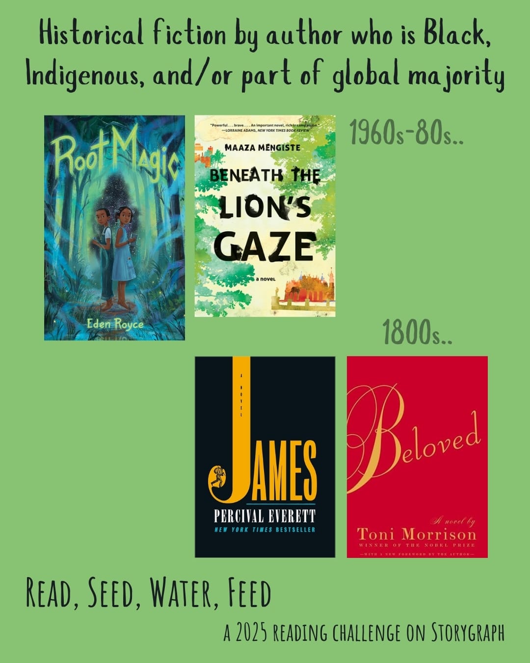 Historical fiction by author who is Black, Indigenous, and/or part of global majority. Read, Seed, Water, Feed: A 2025 Reading Challenge on Storygraph. Light green background with gray text. Book covers are shown. 1960s-1980s.. Root Magic (2021) by Eden Royce. Beneath the Lion's Gaze (2010) by Maaza Mengiste. 1800s..  James (2024) by Percival Everett. Beloved (1987) by Toni Morrison. 