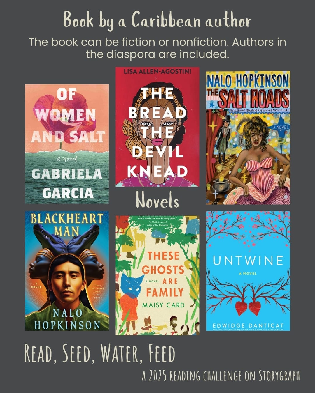 Book by a Caribbean author. Read, Seed, Water, Feed: A 2025 Reading Challenge on Storygraph. Dim gray or muted medium dark gray background with light yellow text. Text reads: The book can be fiction or nonfiction. Authors in the diaspora are included. Book covers are shown. Novels: Of Women and Salt (2021) by Gabriela Garcia. The Bread the Devil Knead (2021) by Lisa Allen-Agostini. The Salt Roads (2004) by Nalo Hopkinson. Blackheart Man (2024) by Nalo Hopkinson. These Ghosts are Family (2020) by Maisy Card. Untwine (2015) by Edwidge Danticat.