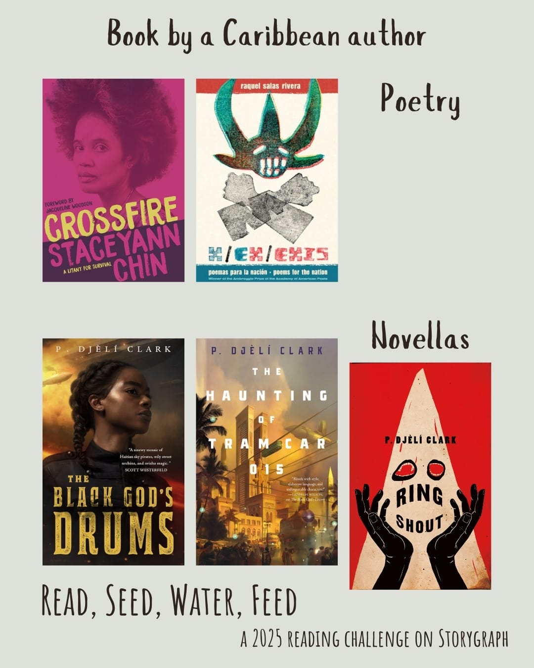 Book by a Caribbean author. Read, Seed, Water, Feed: A 2025 Reading Challenge on Storygraph. Warm light gray background with black text. Book covers are shown. Poetry: Crossfire: A Litany for Survival (2019) by Staceyann Chin. x/ex/exis: poemas para la nación/poems for the nation (2021) by raquel salas rivera. Novellas: The Black God's Drums (2018) by P. Djèlí Clark. The Haunting of Tram Car 015 (2019) by P. Djèlí Clark. Ring Shout (2020) by P. Djèlí Clark. 