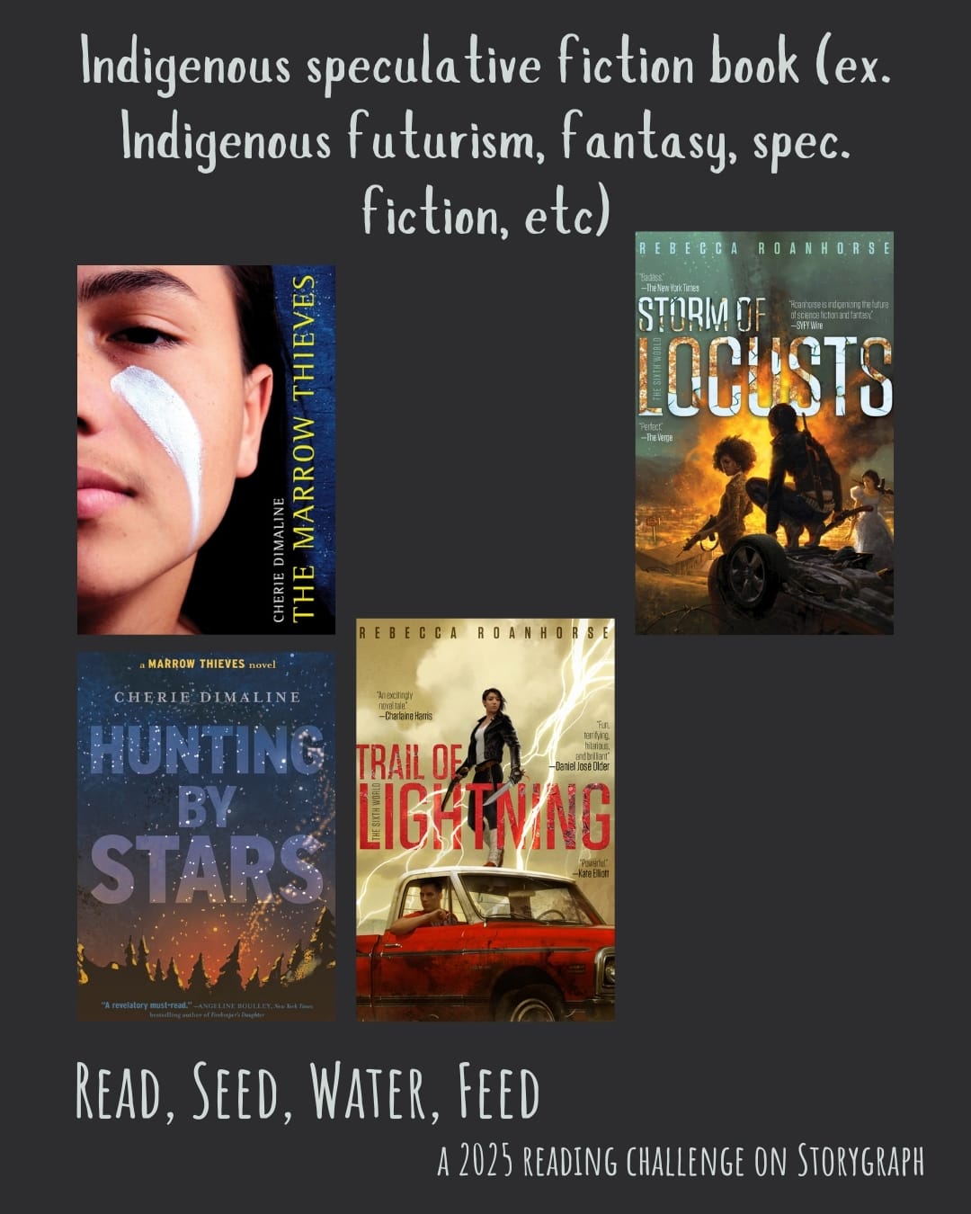 Indigenous speculative fiction book (ex. Indigenous futurism, fantasy, spec. fiction, etc). Read, Seed, Water, Feed: A 2025 Reading Challenge on Storygraph. Dark gray background with light gray text. Book covers are shown. The Marrow Thieves (2017) by Cherie Dimaline. Hunting by Stars (2021) by Cherie Dimaline. Trail of Lightning (2018) by Rebecca Roanhorse. Storm of Locusts (2019) by Rebecca Roanhorse. 