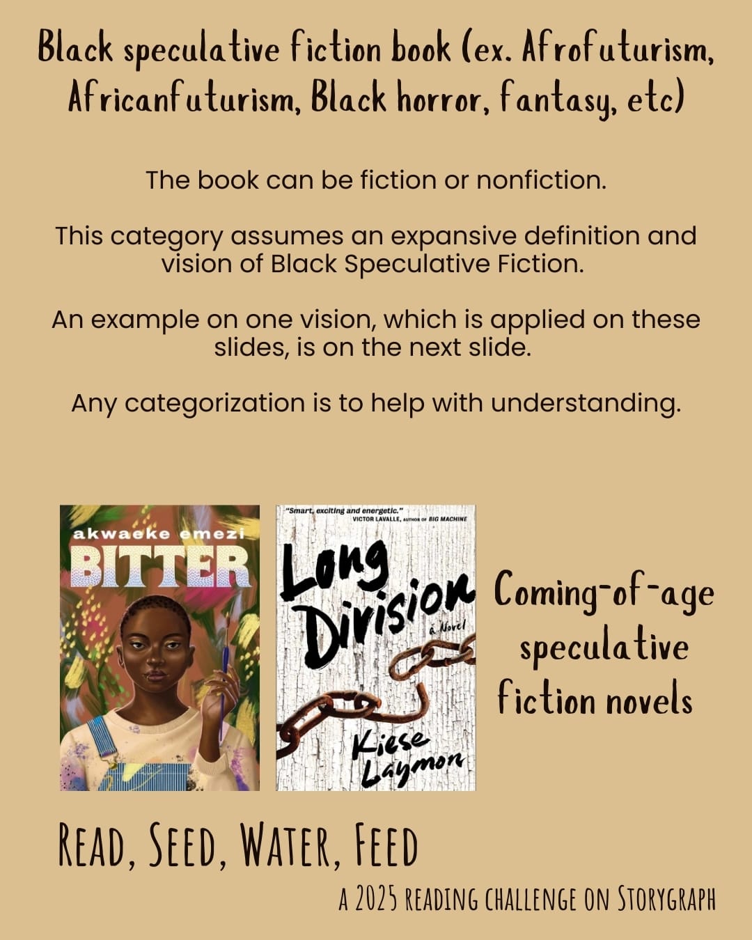 Black speculative fiction book (ex. Afrofuturism, Africanfuturism, Black horror,  fantasy, etc). Read, Seed, Water, Feed: A 2025 Reading Challenge on Storygraph. Warm light beige background with black text. Text reads: The book can be fiction or nonfiction. This category assumes an expansive definition and vision of Black Speculative Fiction. An example on one vision, which is applied on these slides, is on the next slide. Any categorization is to help with understanding. Book covers are shown. Coming-of-age speculative fiction novels: Bitter (2022) by Akwaeke Emezi. Long Division (2013) by Kiese Laymon.