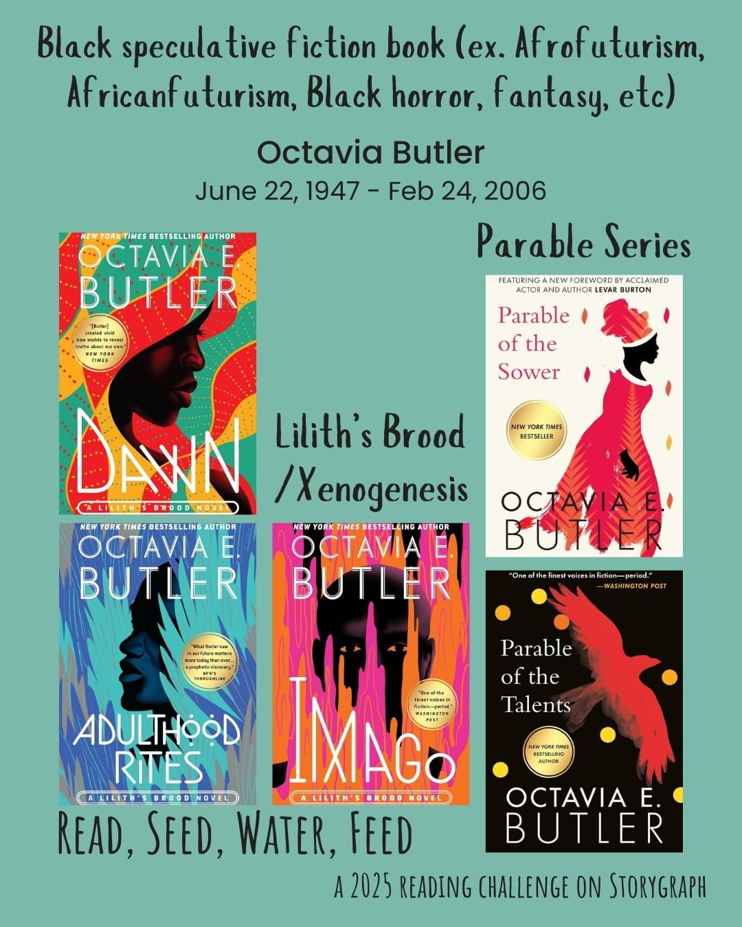 Black speculative fiction book (ex. Afrofuturism, Africanfuturism, Black horror,  fantasy, etc). Read, Seed, Water, Feed: A 2025 Reading Challenge on Storygraph. Rich, warm blue-green background with dark gray text. Text reads Octavia Butler (June 22, 1947 - Feb 24, 2006). Book covers are shown. Lilith’s Brood/Xenogenesis: Dawn (1987) by Octavia E. Butler, Adulthood Rites (1988) by Octavia E. Butler, Imago (1989) by Octavia E. Butler. Parable series: Parable of the Sower (1993) by Octavia E. Butler. Parable of the Talents (1998) by Octavia E. Butler. 