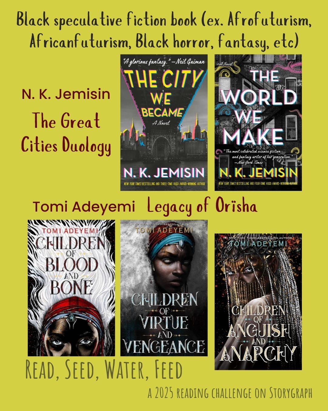 Black speculative fiction book (ex. Afrofuturism, Africanfuturism, Black horror,  fantasy, etc). Read, Seed, Water, Feed: A 2025 Reading Challenge on Storygraph. Muted warm yellow background with black, maroon, and dark gray text. Book covers are shown. N. K. Jemisin: The Great Cities Duology, The City We Became (2020) by N.K. Jemisin The World We Make (2022) by N.K. Jemisin. Tomi Adeyemi: Legacy of Orïsha: Children of Anguish and Anarchy (2024) by Tomi Adeyemi, Children of Blood and Bone (2018) by Tomi Adeyemi, Children of Virtue and Vengeance (2019) by Tomi Adeyemi. 