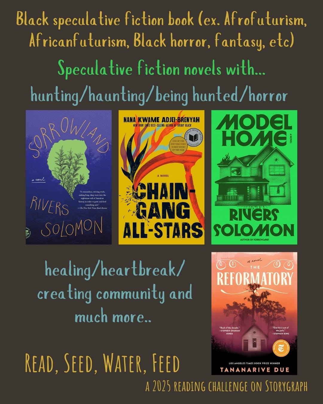 Black speculative fiction book (ex. Afrofuturism, Africanfuturism, Black horror,  fantasy, etc). Read, Seed, Water, Feed: A 2025 Reading Challenge on Storygraph. Dark brown background with golden yellow, vibrant green, and sky blue text. Text reads: “Speculative fiction novels with… hunting/haunting/being hunted/horror” and also “healing/heartbreak/creating community and much more..” Book covers are shown. Sorrowland (2021) by Rivers Solomon. Chain-Gang All-Stars (2023) by Nana Kwame Adjei-Brenyah. Model Home (2024) by Rivers Solomon. The Reformatory (2023) by Tananarive Due. 