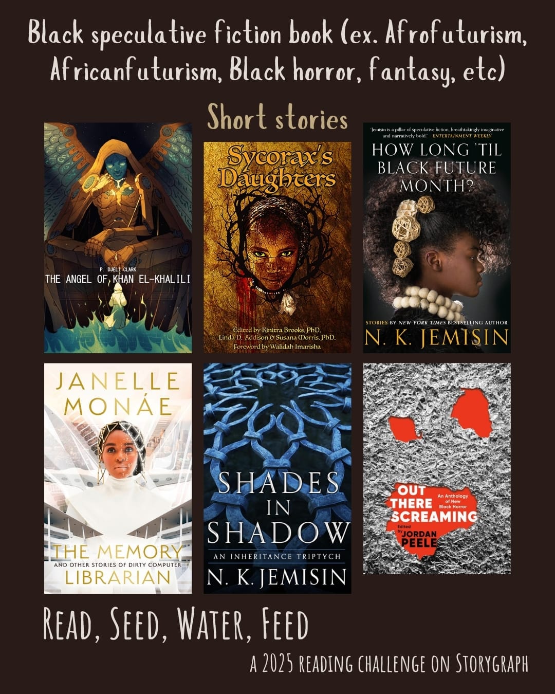Black speculative fiction book (ex. Afrofuturism, Africanfuturism, Black horror,  fantasy, etc). Read, Seed, Water, Feed: A 2025 Reading Challenge on Storygraph. Warm dark brown with reddish hue background with white and light brown text. Book covers are shown. Short stories: The Angel of Khan el-Khalili (2017) by P. Djèlí Clark. Sycorax's Daughters (2017) by Ed. Linda D. Addison, Kinitra Brooks, Susana Morris. How Long 'til Black Future Month? (2018) by N.K. Jemisin. The Memory Librarian: And Other Stories of Dirty Computer (2022) by Janelle Monáe. Shades in Shadow: An Inheritance Triptych (2015) by N.K. Jemisin: Out There Screaming: An Anthology of New Black Horror (2023) by Edited by Jordan Peele and John Joseph Adams.