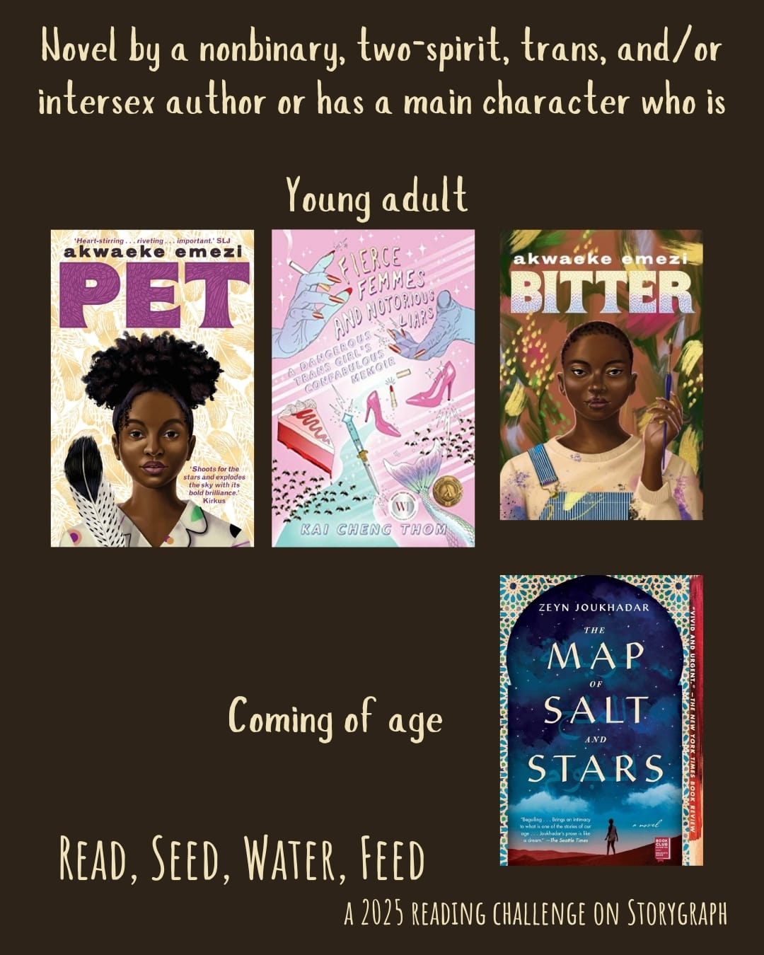 Novel by a nonbinary, two-spirit, trans, and/or intersex author or has a main character who is. Read, Seed, Water, Feed: A 2025 Reading Challenge on Storygraph. Midnight brown-black background and beige text. Book covers are shown. Young adult: Pet (2019) by Akwaeke Emezi. Fierce Femmes and Notorious Liars: A Dangerous Trans Girl's Confabulous Memoir (2016) by Kai Cheng Thom. Bitter (2022) by Akwaeke Emezi. Coming of age: The Map of Salt and Stars (2018) by Zeyn Joukhadar.