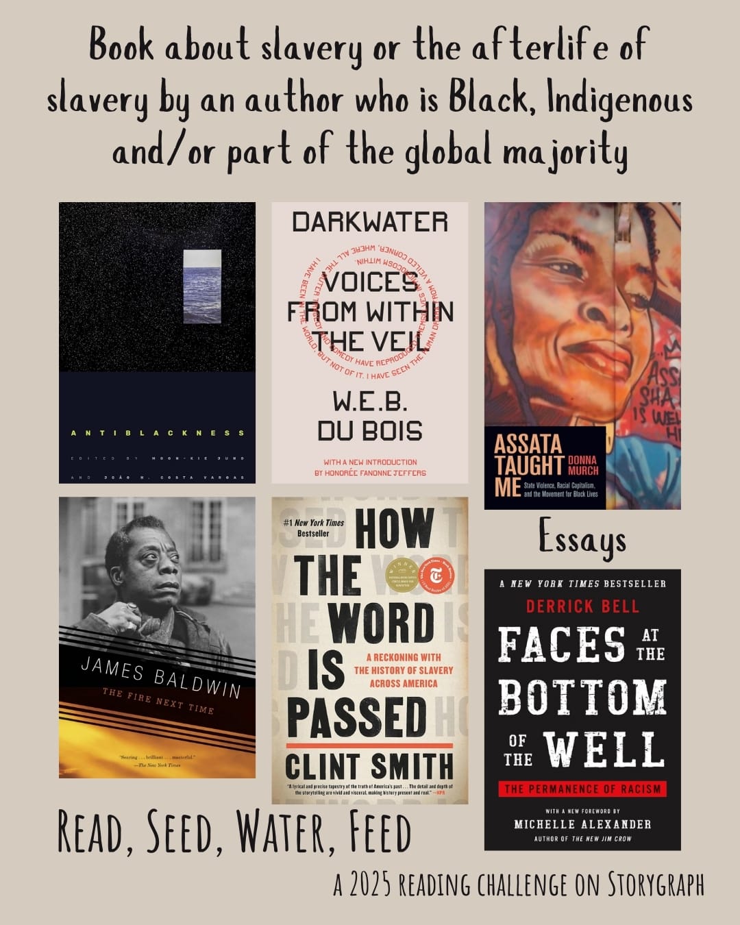 Book about slavery or the afterlife of slavery by an author who is Black, Indigenous and/or part of the global majority. Read, Seed, Water, Feed: A 2025 Reading Challenge on Storygraph. Warm earthy beige background with black text. Book covers are shown. Essays: Antiblackness (2021) edited by Moon-Kie Jung and João H. Costa Vargas. Darkwater: Voices from Within the Veil (1920) by W.E.B. Du Bois. Assata Taught Me: State Violence, Mass Incarceration, and the Movement for Black Lives (2020) by Donna Murch. The Fire Next Time (1963) by James Baldwin. How the Word Is Passed: A Reckoning with the History of Slavery Across America (2021) by Clint Smith. Faces at the Bottom of the Well: The Permanence of Racism (1992) by Derrick Bell.