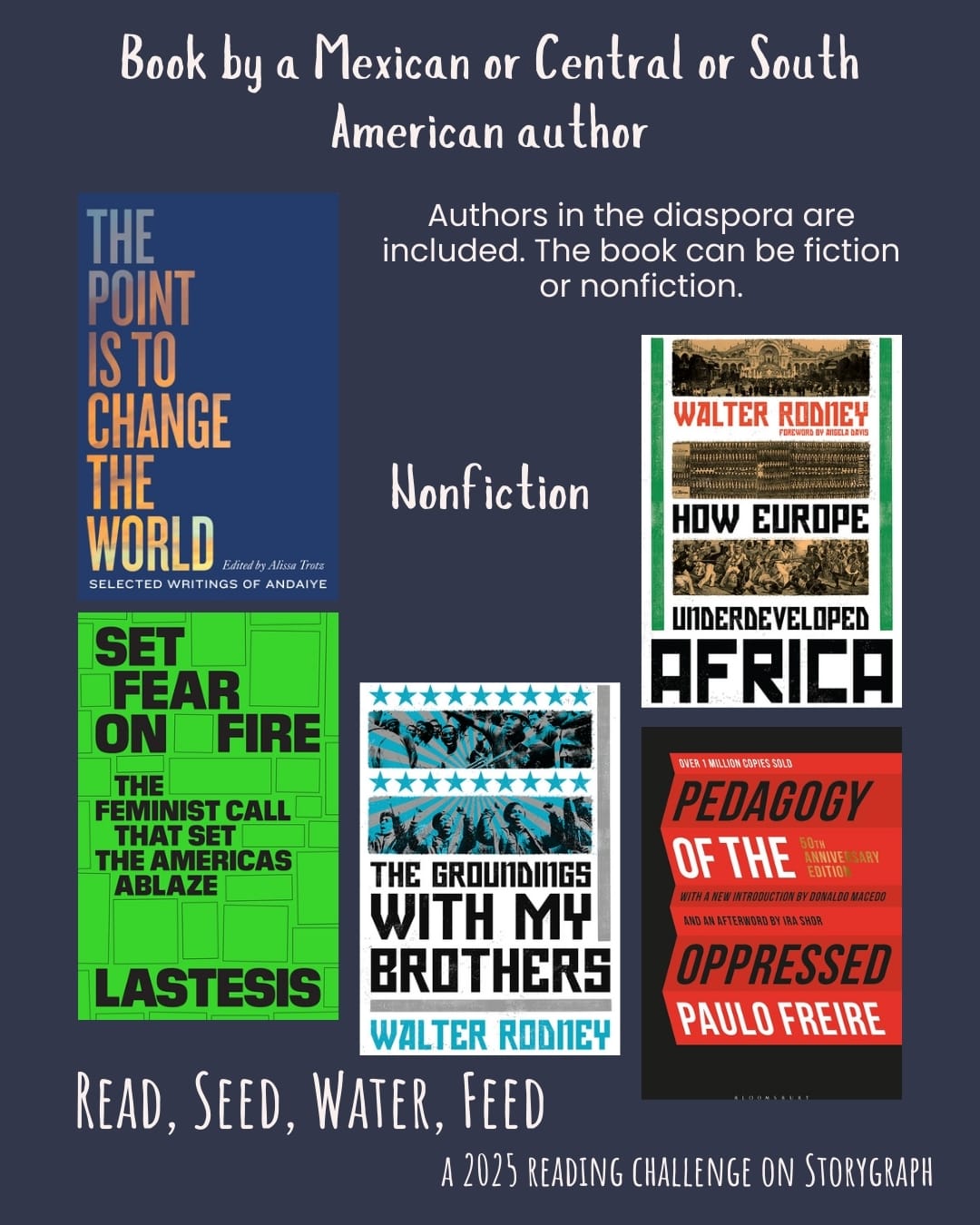 Book by a Mexican or Central or South American author. Read, Seed, Water, Feed: A 2025 Reading Challenge on Storygraph. Muted medium gray-tinted blue background with white text. Text reads: Authors in the diaspora are included. The book can be fiction or nonfiction. Book covers are shown. Nonfiction: The Point is to Change the World: Selected Writings of Andaiye (2020) by Andaiye, Alissa Trotz. Set Fear on Fire: The Feminist Call That Set the Americas Ablaze (2021) by LasTesis. The Groundings with My Brothers (1971) by Walter Rodney. Pedagogy of the Oppressed (1968) by Paulo Freire. How Europe Underdeveloped Africa (1972) by Walter Rodney. 