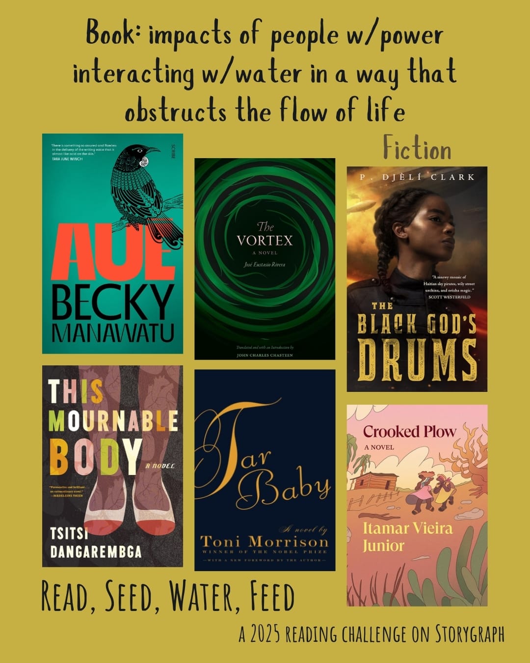 Book: impacts of people w/power interacting w/water in a way that obstructs the flow of life. Read, Seed, Water, Feed: A 2025 Reading Challenge on Storygraph. Muted earthy brownish yellow background with black and medium brown text. Book covers are shown. Fiction: Auē (2019) by Becky Manawatu. The Vortex (1924) by José Eustasio Rivera. The Black God's Drums (2018) by P. Djèlí Clark. This Mournable Body (2018) by Tsitsi Dangarembga. Tar Baby (1981) by Toni Morrison. Crooked Plow (2019) by Itamar Vieira Junior. 