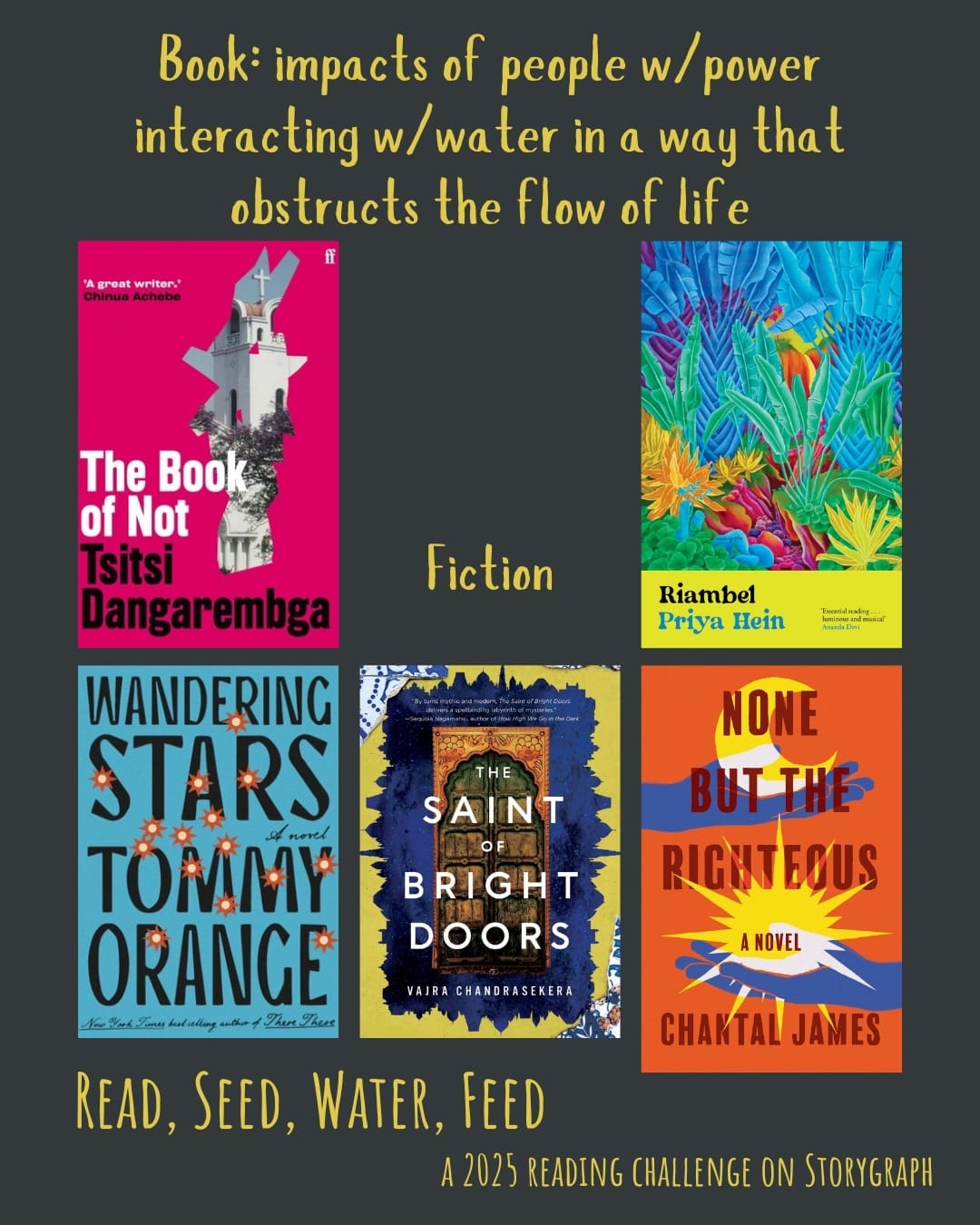 Book: impacts of people w/power interacting w/water in a way that obstructs the flow of life. Read, Seed, Water, Feed: A 2025 Reading Challenge on Storygraph. Dark gray background with vibrant yellow text. Book covers are shown. Fiction: The Book of Not (2006) by Tsitsi Dangarembga. Riambel (2023) by Priya Hein. Wandering Stars: A Novel (2024) by Tommy Orange. The Saint of Bright Doors (2023) by Vajra Chandrasekera. None But the Righteous (2022) by Chantal James. 