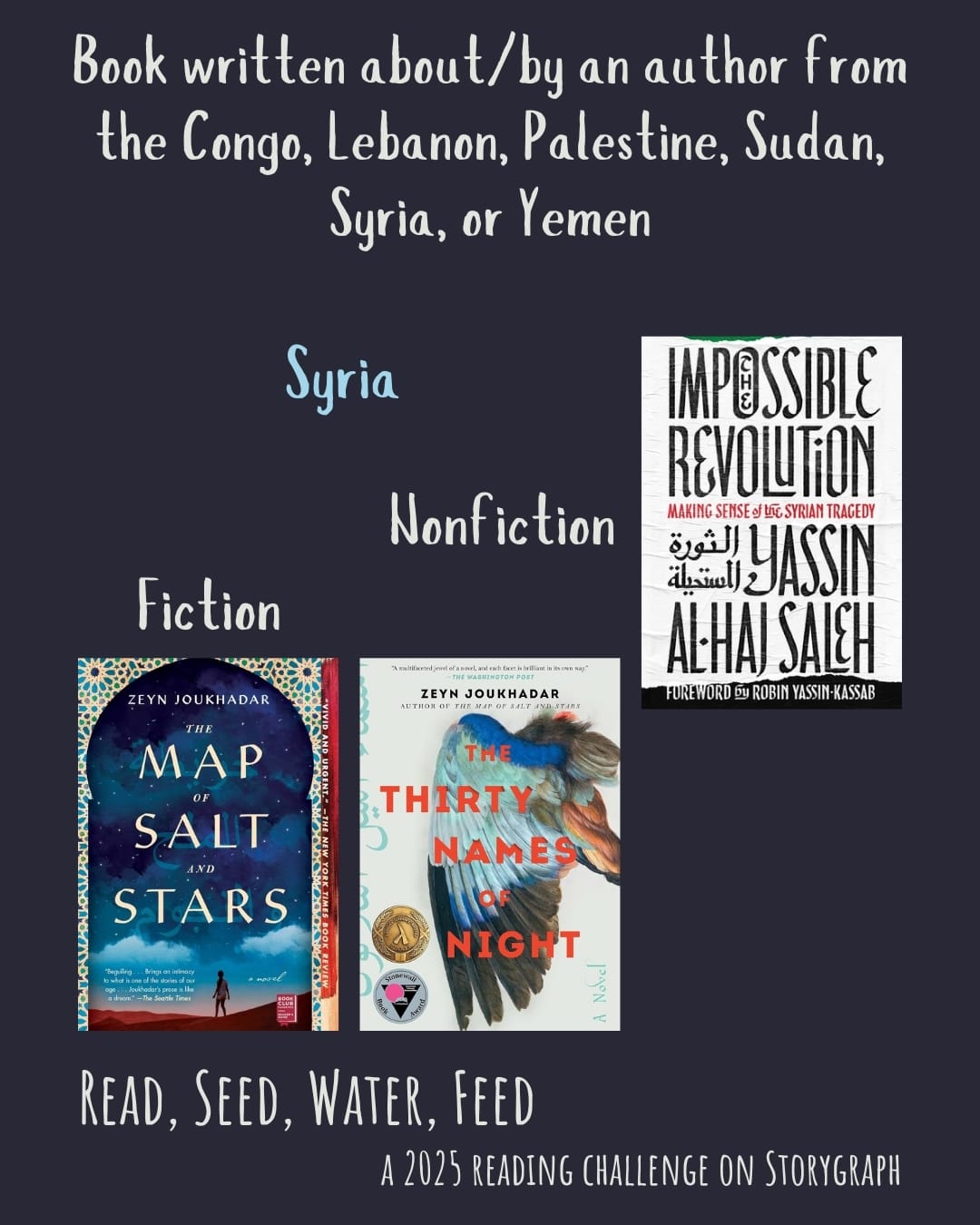 Book written about/by an author from the Congo, Lebanon, Palestine, Sudan, Syria, or Yemen. Read, Seed, Water, Feed: A 2025 Reading Challenge on Storygraph. Midnight blue background with white and light sky blue text. Book covers are shown. Syria: Nonfiction: Impossible Revolution: Making Sense of the Syrian Tragedy (2017) by Yassin Al-Haj Saleh. Fiction: The Map of Salt and Stars (2018) by Zeyn Joukhadar. The Thirty Names of Night (2020) by Zeyn Joukhadar.