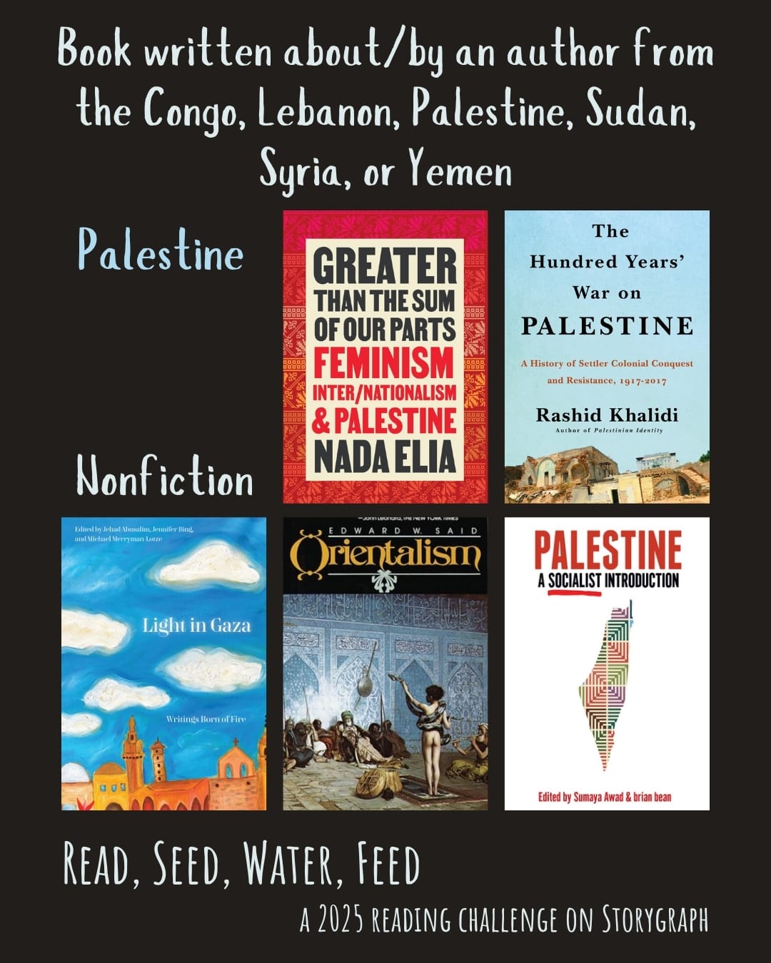 Book written about/by an author from the Congo, Lebanon, Palestine, Sudan, Syria, or Yemen. Read, Seed, Water, Feed: A 2025 Reading Challenge on Storygraph. Black background with white and light sky blue text. Book covers are shown. Palestine: Nonfiction. Greater Than the Sum of Our Parts: Feminism, Internationalism, and Palestine (2023) by Nada Elia. The Hundred Years' War on Palestine (2020) by Rashid Khalidi. Light in Gaza: Writings Born of Fire (2022) by Jennifer Bing, Mike Merryman, Lotze, Jehad Abusalim. Orientalism (1978) by Edward W. Said. Palestine: A Socialist Introduction (2020) by Sumaya Awad and Brian Bean.