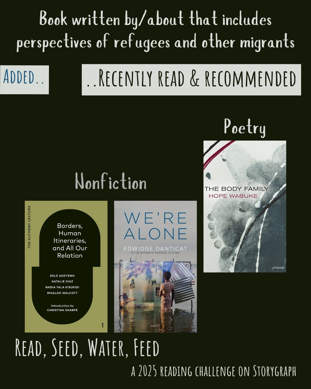 Book written by/about that includes perspectives of refugees and other migrants. Read, Seed, Water, Feed: A 2025 Reading Challenge on Storygraph. Text is white and light gray on a black background. Below the category title, the text 'Added..' is medium blue on a white background and the text '..Recently Read and Recommended' is black on a white background. Book covers are shown. Nonfiction: Borders, Human Itineraries, and All Our Relation (2023) by Dele Adeyemo. We're Alone (2024) by Edwidge Danticat. Poetry: The Body Family (2022) by Hope Wabuke.
