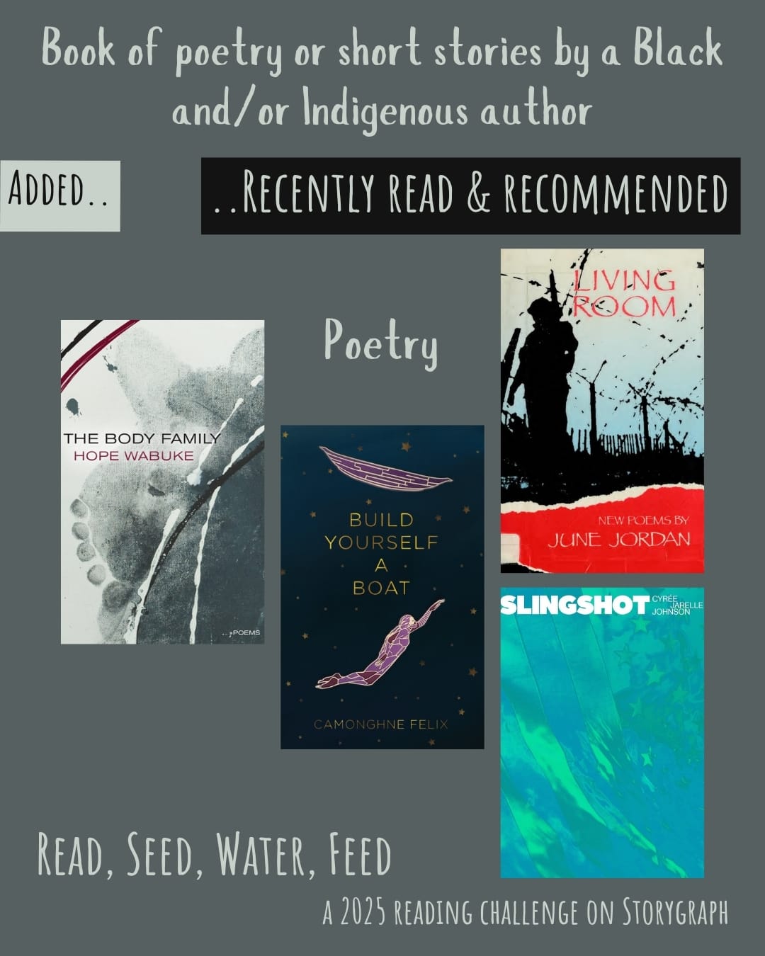 Book of poetry or short stories by a Black and/or Indigenous author. Read, Seed, Water, Feed: A 2025 Reading Challenge on Storygraph. Text is light gray on a warm medium gray background. Below the category title, the text 'Added..' is black on a light gray background and the text '..Recently Read and Recommended' is light gray on a black background. Book covers are shown. Poetry: The Body Family (2022) by Hope Wabuke. Build Yourself a Boat (2019) by Camonghne Felix.  Living Room (1985) by June Jordan. Slingshot (2019) by Cyrée Jarelle Johnson.