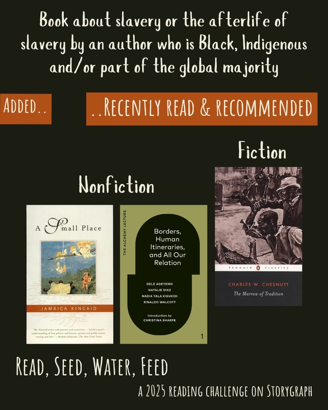 Book about slavery or the afterlife of slavery by an author who is Black, Indigenous and/or part of the global majority. Read, Seed, Water, Feed: A 2025 Reading Challenge on Storygraph. Text is white on a black background. Below the category title, the text 'Added..' and '..Recently Read and Recommended' are white on a warm reddish-orange background. Book covers are shown. Nonfiction: A Small Place (1988) by Jamaica Kincaid. Borders, Human Itineraries, and All Our Relation (2023) by Dele Adeyemo, Natalie Díaz, Nadia Yala Kisukidi, and Rinaldo Walcott. Fiction: The Marrow of Tradition (1901) by Charles W. Chesnutt.