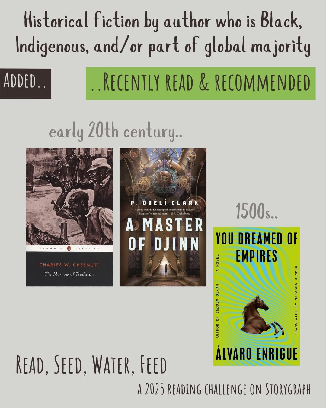 Historical fiction by author who is Black, Indigenous, and/or part of global majority. Read, Seed, Water, Feed: A 2025 Reading Challenge on Storygraph. Text is dark brown on a warm light gray background. Below the category title, the text 'Added..' is warm light gray on a dark brown background and the text '..Recently Read and Recommended' is dark brown on a medium yellow-green background. Book covers are shown. early 20th century.. The Marrow of Tradition (1901) by Charles W. Chesnutt. A Master of Djinn (2021) by P. Djèlí Clark. 1500s: You Dreamed of Empires (2022) by Álvaro Enrigue. 