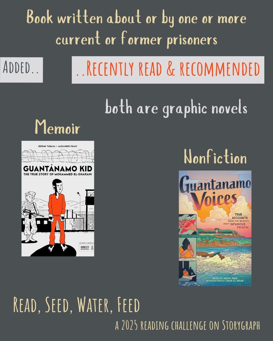 Book written about or by one or more current or former prisoners. Read, Seed, Water, Feed: A 2025 Reading Challenge on Storygraph. Text is light yellow and light gray on a medium gray background. Below the category title, the text 'Added..' is medium gray on a light gray background and the text '..Recently Read and Recommended' is red on a light gray background. Book covers are shown. both are graphic novels. Memoir: Guantánamo Kid: The True Story of Mohammed El-Gharani (2018) by Jérôme Tubian, illustrated by Alexandre Franc. Nonfiction: Guantanamo Voices: True Accounts from the World’s Most Infamous Prison (2020) by Sarah Mirk, illustrated by many artists.