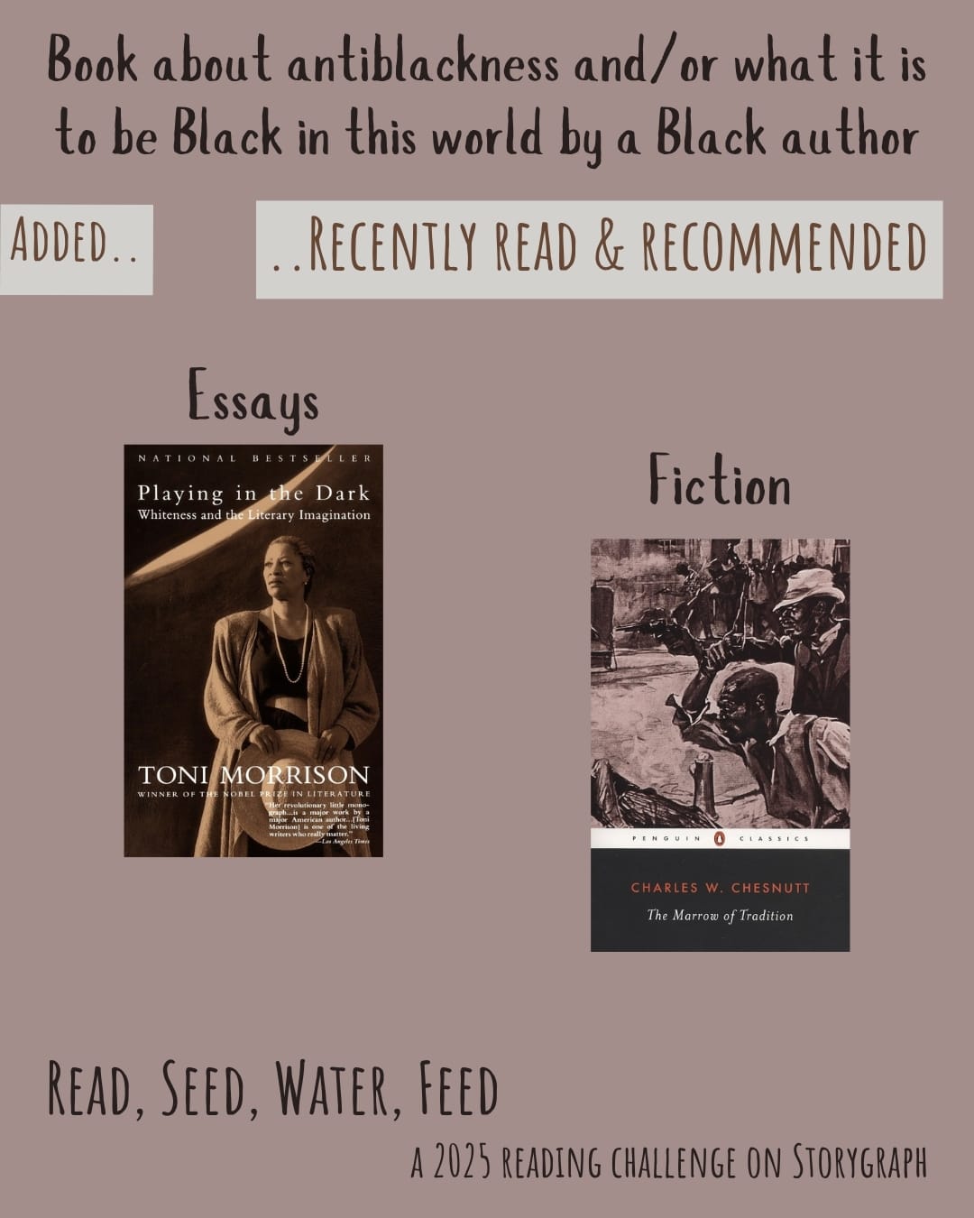 Book about antiblackness and/or what it is to be Black in this world by a Black author. Read, Seed, Water, Feed: A 2025 Reading Challenge on Storygraph. Text is warm dark brown on a grayish brown with pink undertones background. Below the category title, the text 'Added..' and '..Recently Read and Recommended' are brown on a light gray background. Book covers are shown. Essays: Playing in the Dark: Whiteness and the Literary Imagination (1992) by Toni Morrison. Fiction: The Marrow of Tradition (1901) by Charles W. Chesnutt. 