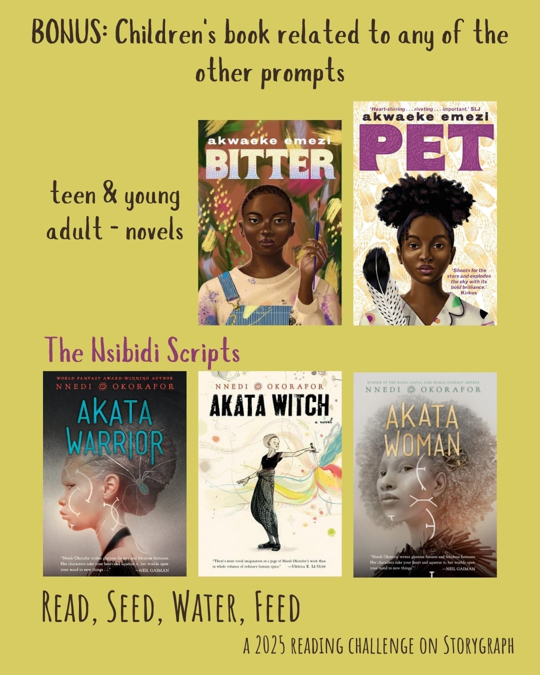 BONUS: Children's book related to any of the other prompts. Read, Seed, Water, Feed: A 2025 Reading Challenge on Storygraph. Text is dark brown and medium pinkish purple on a mustard yellow background. Book covers are shown. Teen & young adult novels: Bitter (2022) by Akwaeke Emezi. Pet (2019) by Akwaeke Emezi. The Nsibidi Scripts: Akata Warrior (2017), Akata Witch (2011), and Akata Woman (2022) by Nnedi Okorafor.
