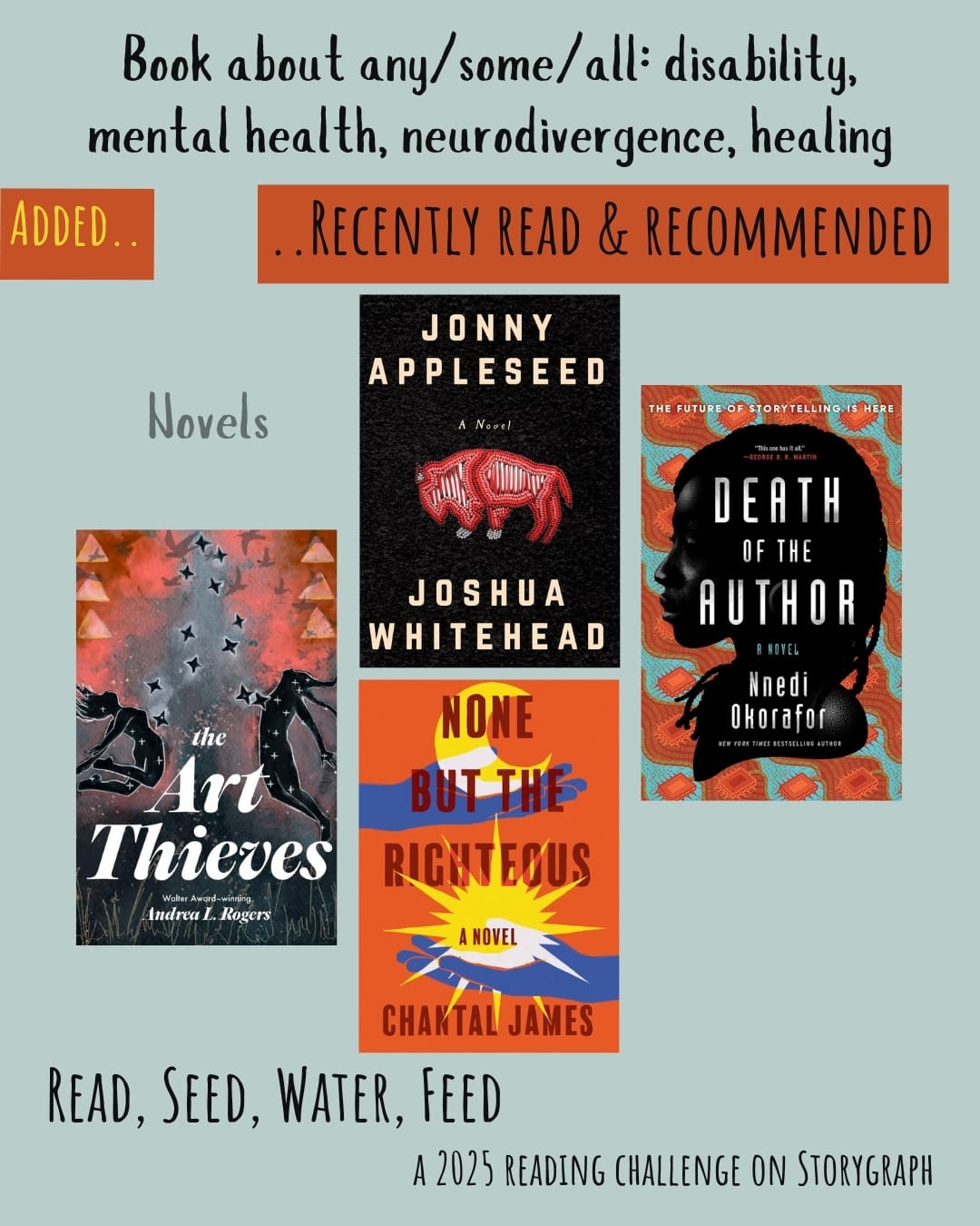 Book about any/some/all: disability, mental health, neurodivergence, healing. Read, Seed, Water, Feed: A 2025 Reading Challenge on Storygraph. Text is black and medium gray on a pale blue-green background. Below the category title, the text 'Added..' is yellow on a warm, reddish-orange background and the text '..Recently Read and Recommended' is black on a warm, reddish-orange background. Book covers are shown. Novels: The Art Thieves (2024) by Andrea L. Rogers. Jonny Appleseed (2018) by Joshua Whitehead. None But the Righteous (2022) by Chantal James. Death of the Author (2025) by Nnedi Okorafor.