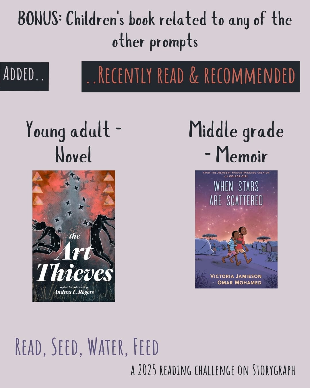 Bonus: Children's book related to any of the other prompts. Read, Seed, Water, Feed: A 2025 Reading Challenge on Storygraph. Text is black and medium purple on a light grayish pink background. Below the category title, the text 'Added..' is white on a black background and the text '..Recently Read and Recommended' is reddish-orange on a black background. Book covers are shown. Young adult - novel: The Art Thieves (2024) by Andrea L. Rogers. Middle grade - memoir: When Stars Are Scattered (2020) by Omar Mohamed and Victoria Jamieson, illustrated by Victoria Jamieson and Iman Geddy.