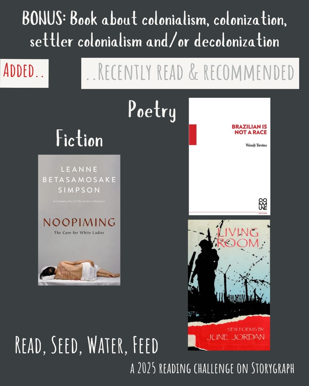 Bonus: Book about colonialism, colonization, settler colonialism and/or decolonization. Read, Seed, Water, Feed: A 2025 Reading Challenge on Storygraph. Text is white on a dark gray background. Below the category title, the text 'Added..' is red on a white background and the text '..Recently Read and Recommended' is light gray on a white background. Book covers are shown. Fiction: Noopiming (2020) by Leanne Betasamosake Simpson.  Poetry: Brazilian Is Not a Race (2016) by Wendy Trevino. Living Room (1985) by June Jordan.